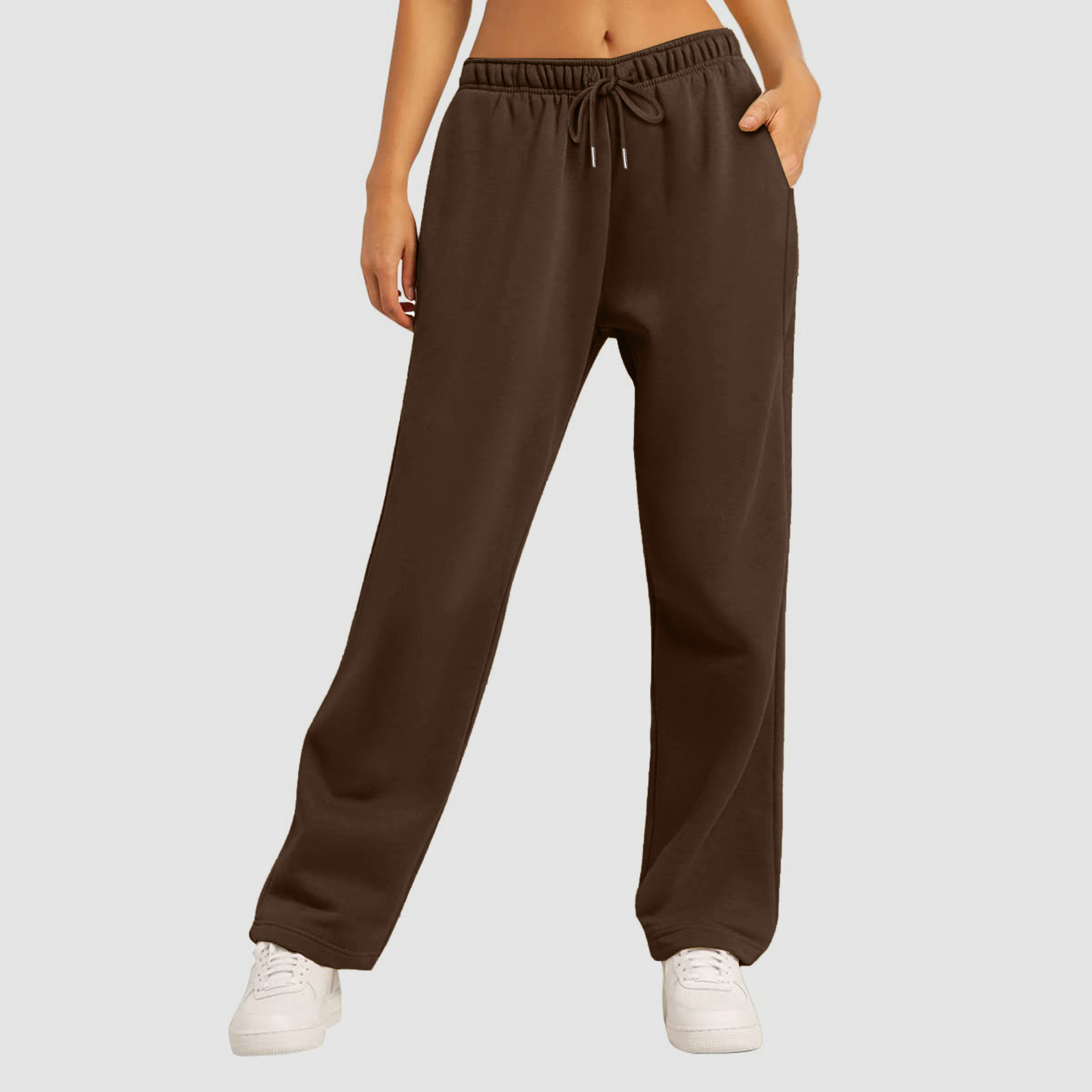thumbnail image 4 of Pantalones de chándal de cintura alta para mujer - Forro polar, pierna ancha y recta - Poliéster ligero con bolsillos - Informal/deportivo/vacaciones - Tallas S-XXXL, 4 of 7